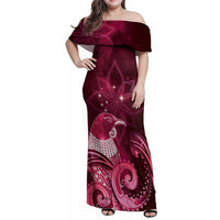 New Zealand Matariki Family Matching Off Shoulder Maxi Dress and Hawaiian Shirt Maori Tui Bird Magenta Galaxy