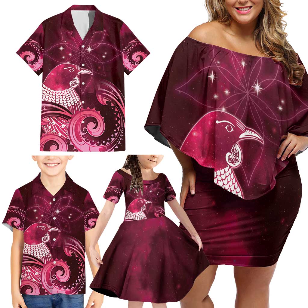 New Zealand Matariki Family Matching Off Shoulder Short Dress and Hawaiian Shirt Maori Tui Bird Magenta Galaxy
