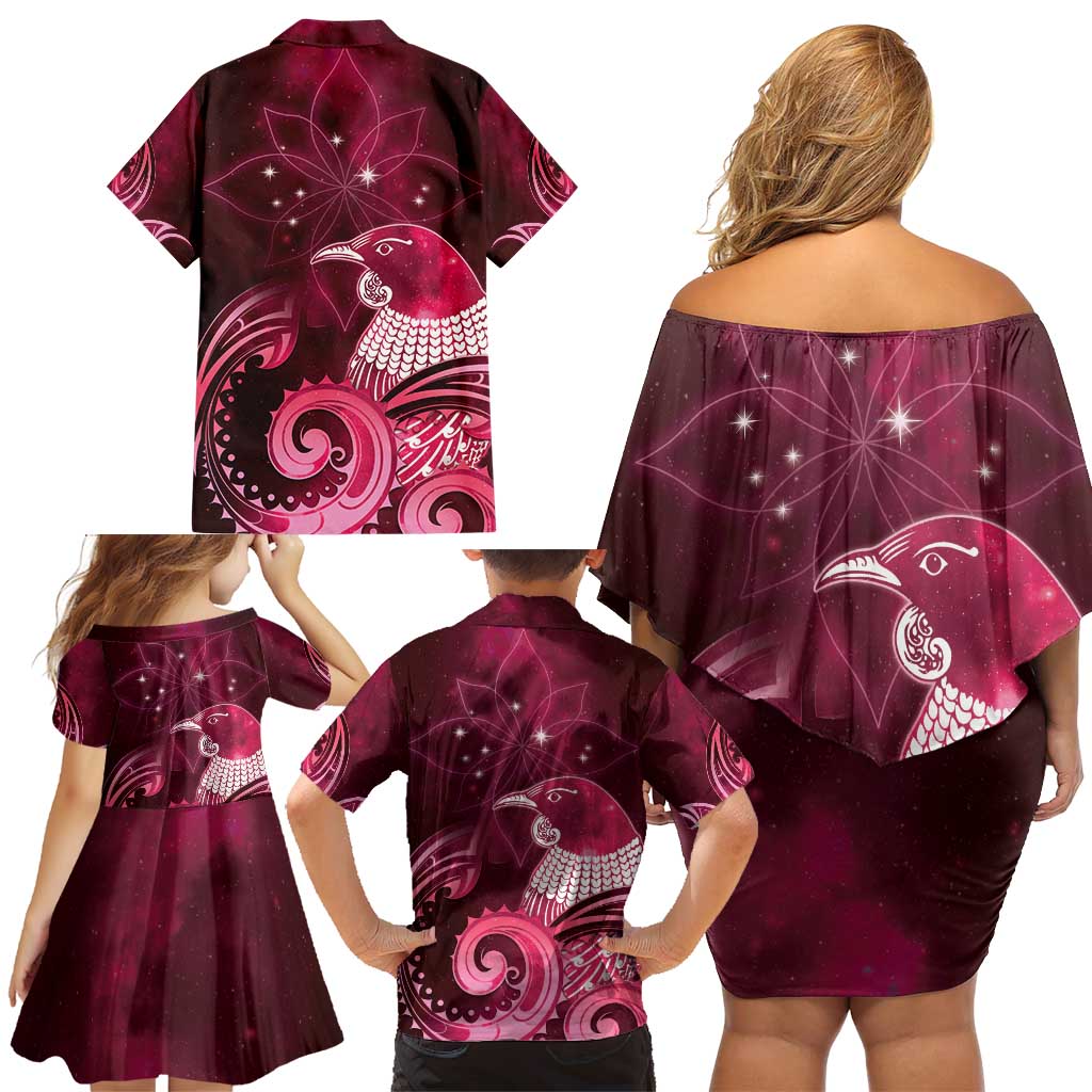 New Zealand Matariki Family Matching Off Shoulder Short Dress and Hawaiian Shirt Maori Tui Bird Magenta Galaxy