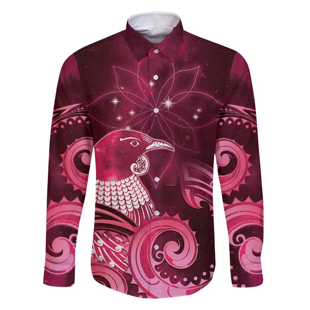 New Zealand Matariki Family Matching Off Shoulder Short Dress and Hawaiian Shirt Maori Tui Bird Magenta Galaxy