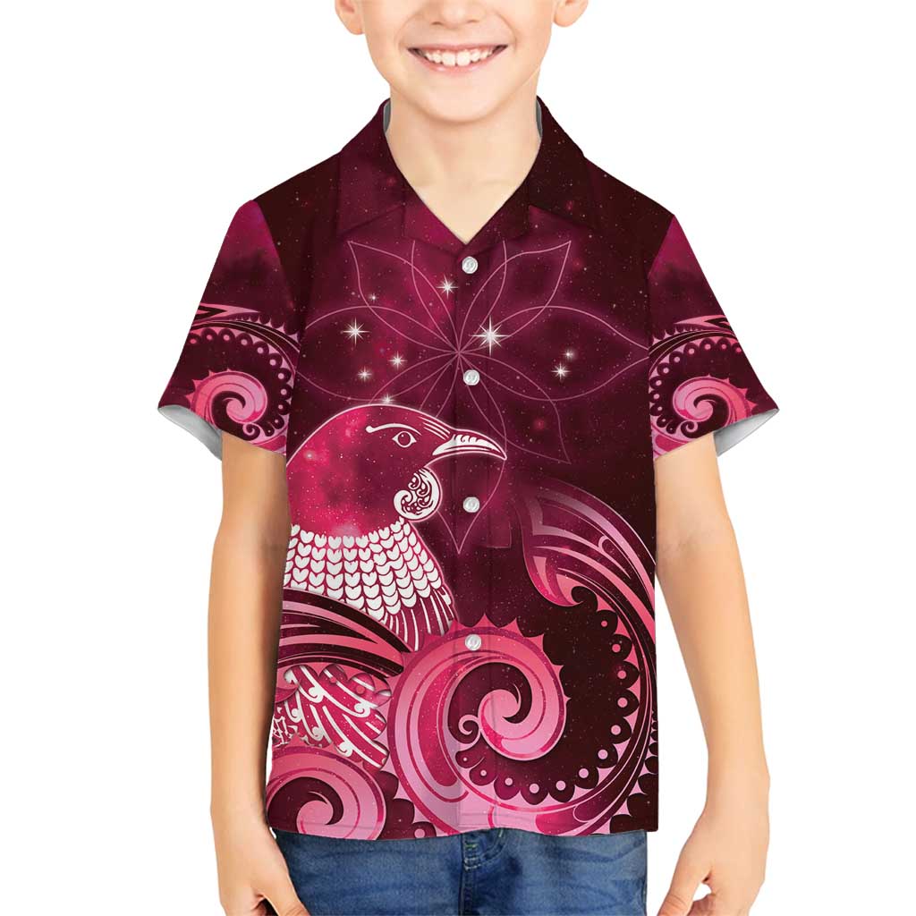 New Zealand Matariki Family Matching Puletasi and Hawaiian Shirt Maori Tui Bird Magenta Galaxy