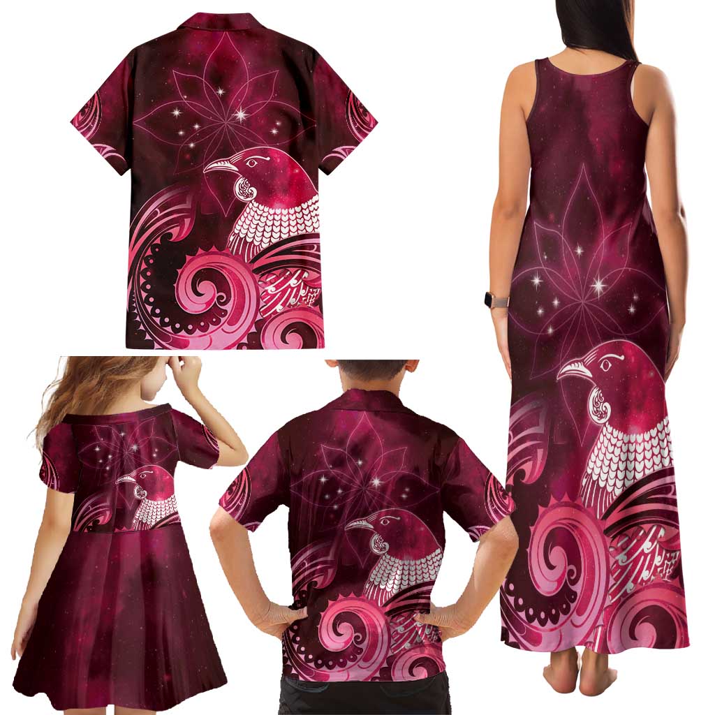 New Zealand Matariki Family Matching Tank Maxi Dress and Hawaiian Shirt Maori Tui Bird Magenta Galaxy