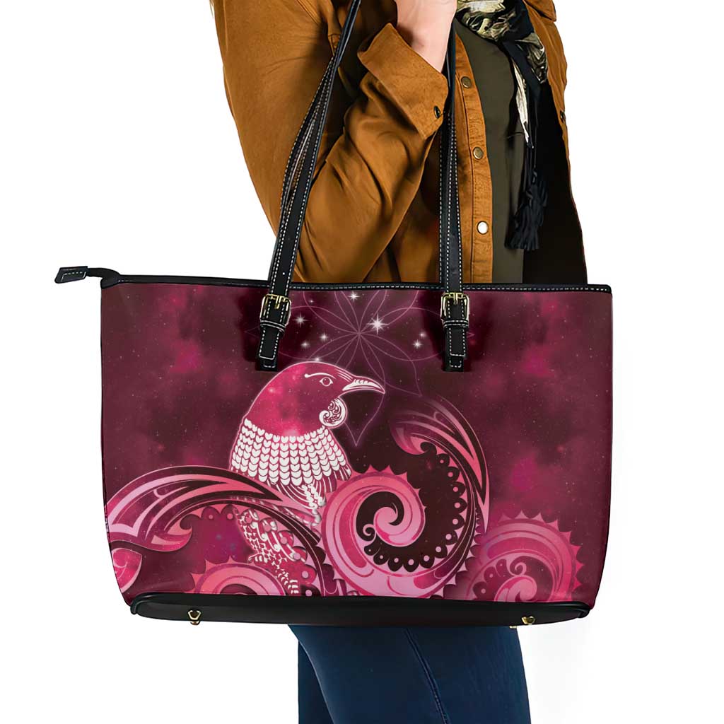 New Zealand Matariki Leather Tote Bag Maori Tui Bird Magenta Galaxy