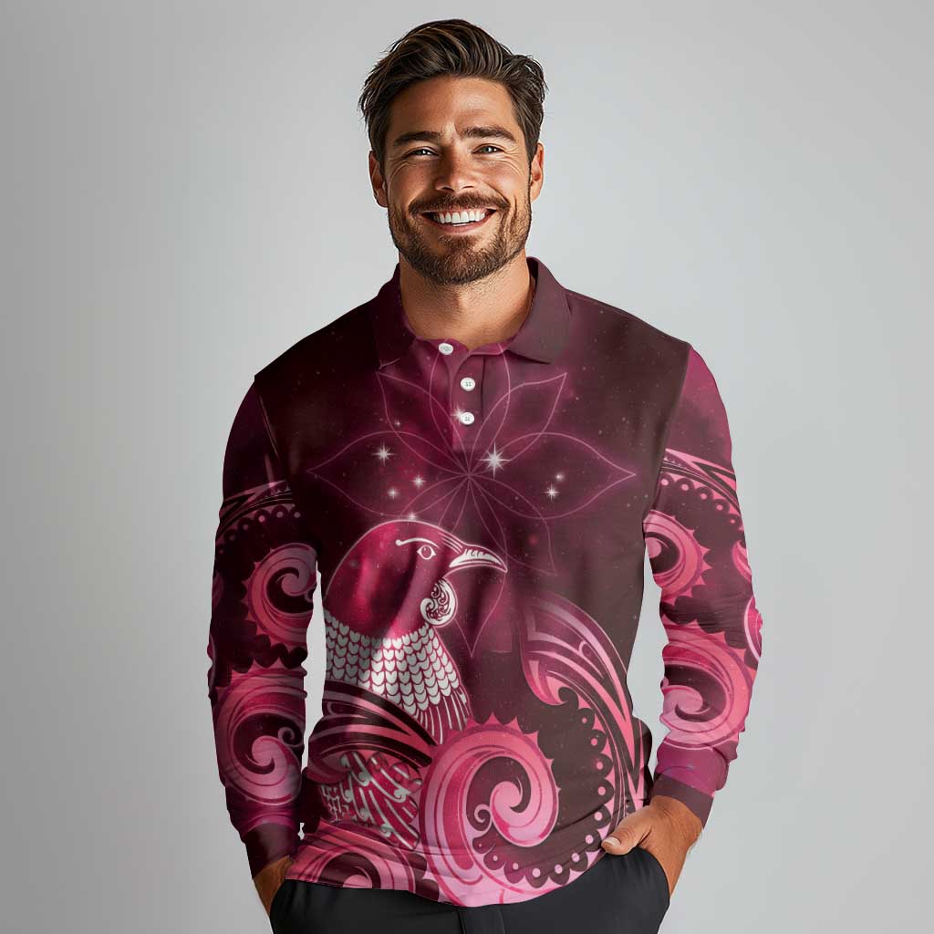 New Zealand Matariki Long Sleeve Polo Shirt Maori Tui Bird Magenta Galaxy