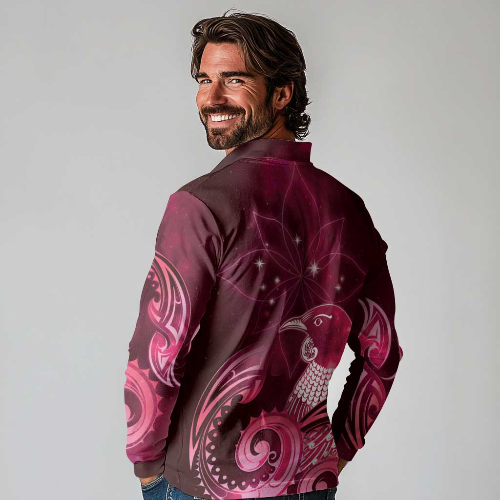 New Zealand Matariki Long Sleeve Polo Shirt Maori Tui Bird Magenta Galaxy