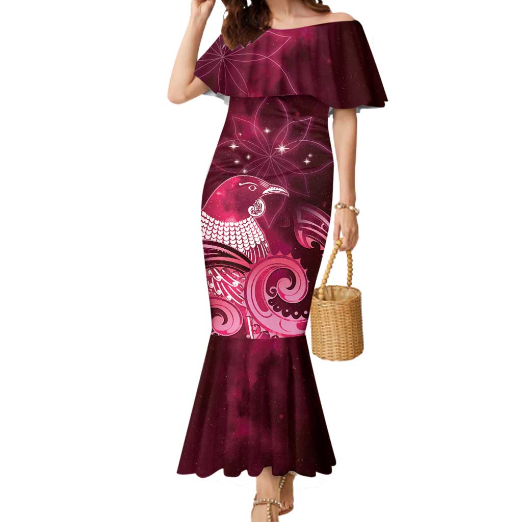 New Zealand Matariki Mermaid Dress Maori Tui Bird Magenta Galaxy