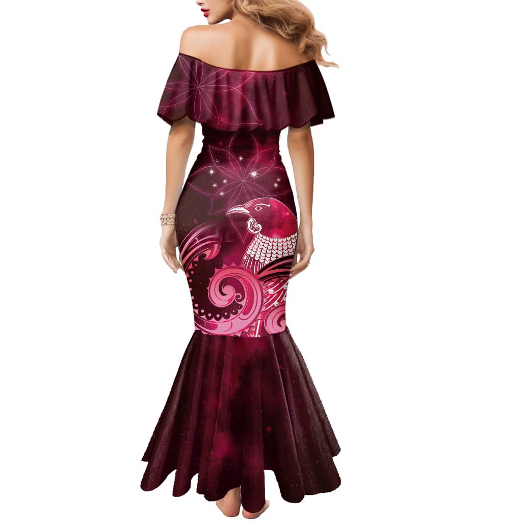 New Zealand Matariki Mermaid Dress Maori Tui Bird Magenta Galaxy
