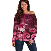 New Zealand Matariki Off Shoulder Sweater Maori Tui Bird Magenta Galaxy