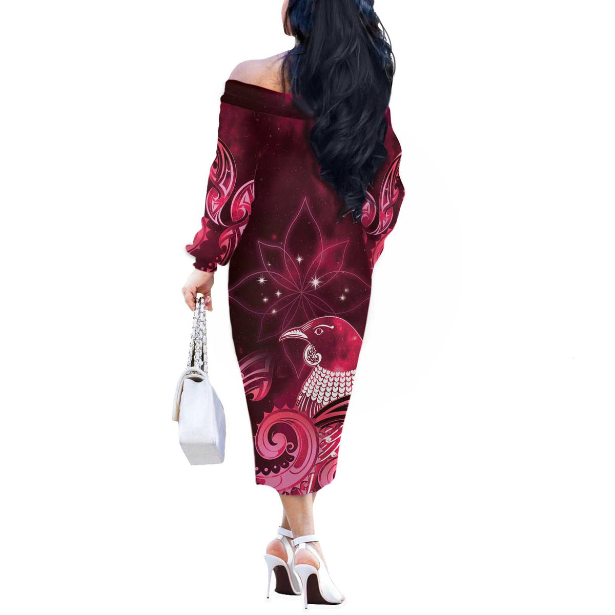 New Zealand Matariki Off The Shoulder Long Sleeve Dress Maori Tui Bird Magenta Galaxy