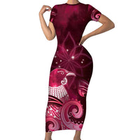 New Zealand Matariki Short Sleeve Bodycon Dress Maori Tui Bird Magenta Galaxy