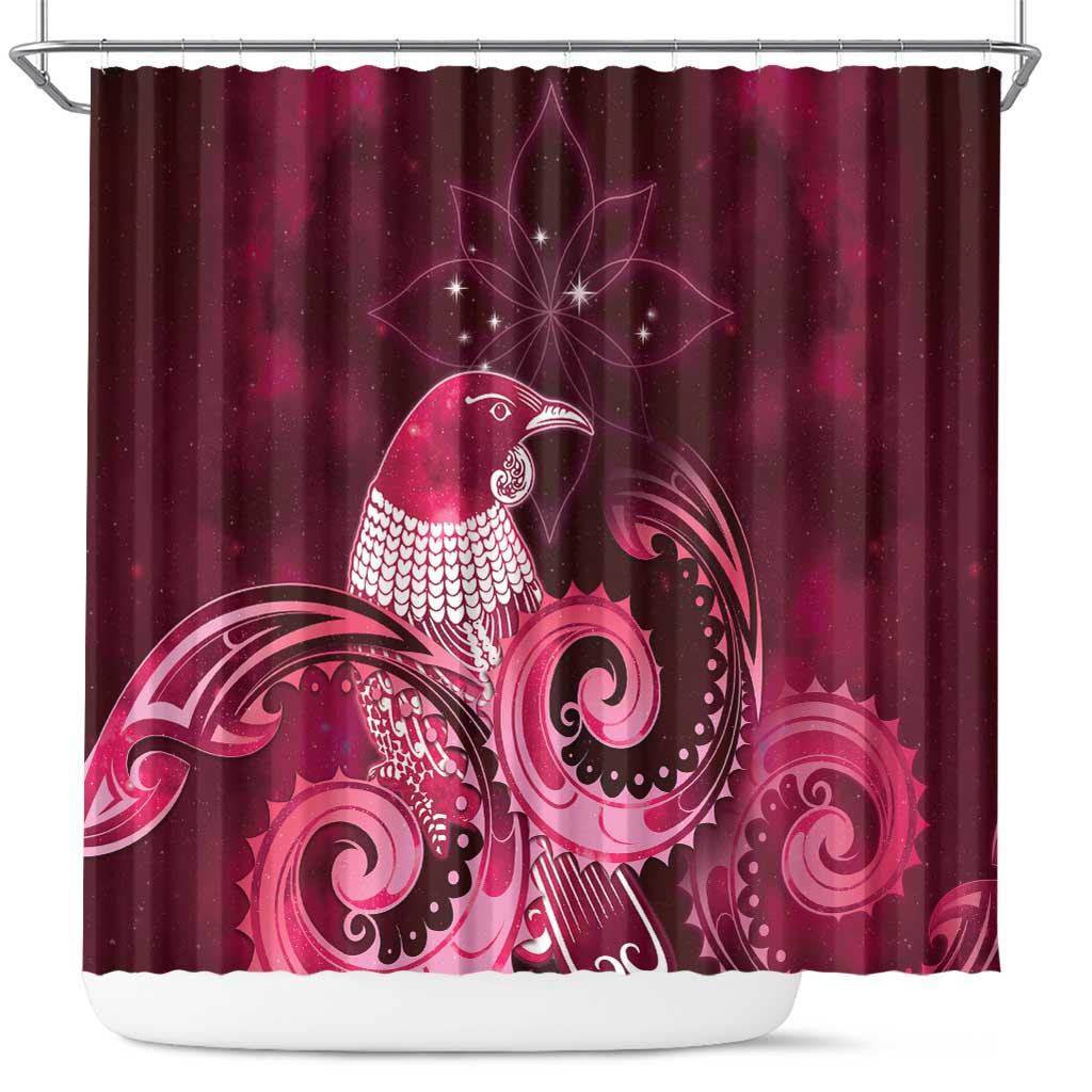 New Zealand Matariki Shower Curtain Maori Tui Bird Magenta Galaxy