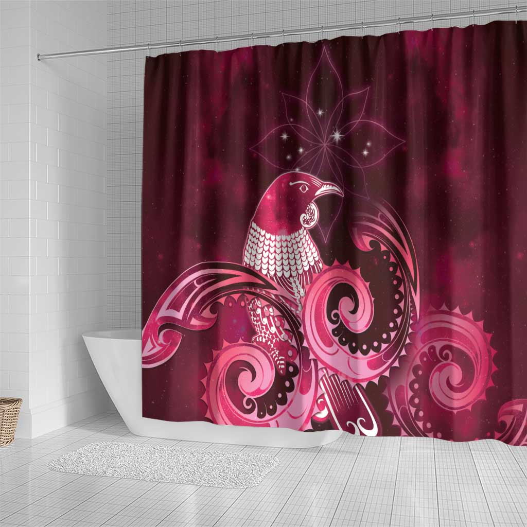 New Zealand Matariki Shower Curtain Maori Tui Bird Magenta Galaxy