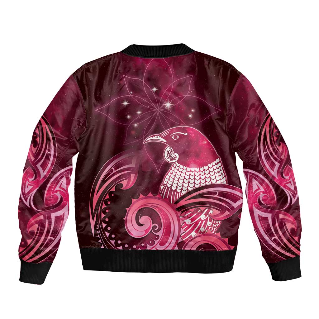 New Zealand Matariki Sleeve Zip Bomber Jacket Maori Tui Bird Magenta Galaxy