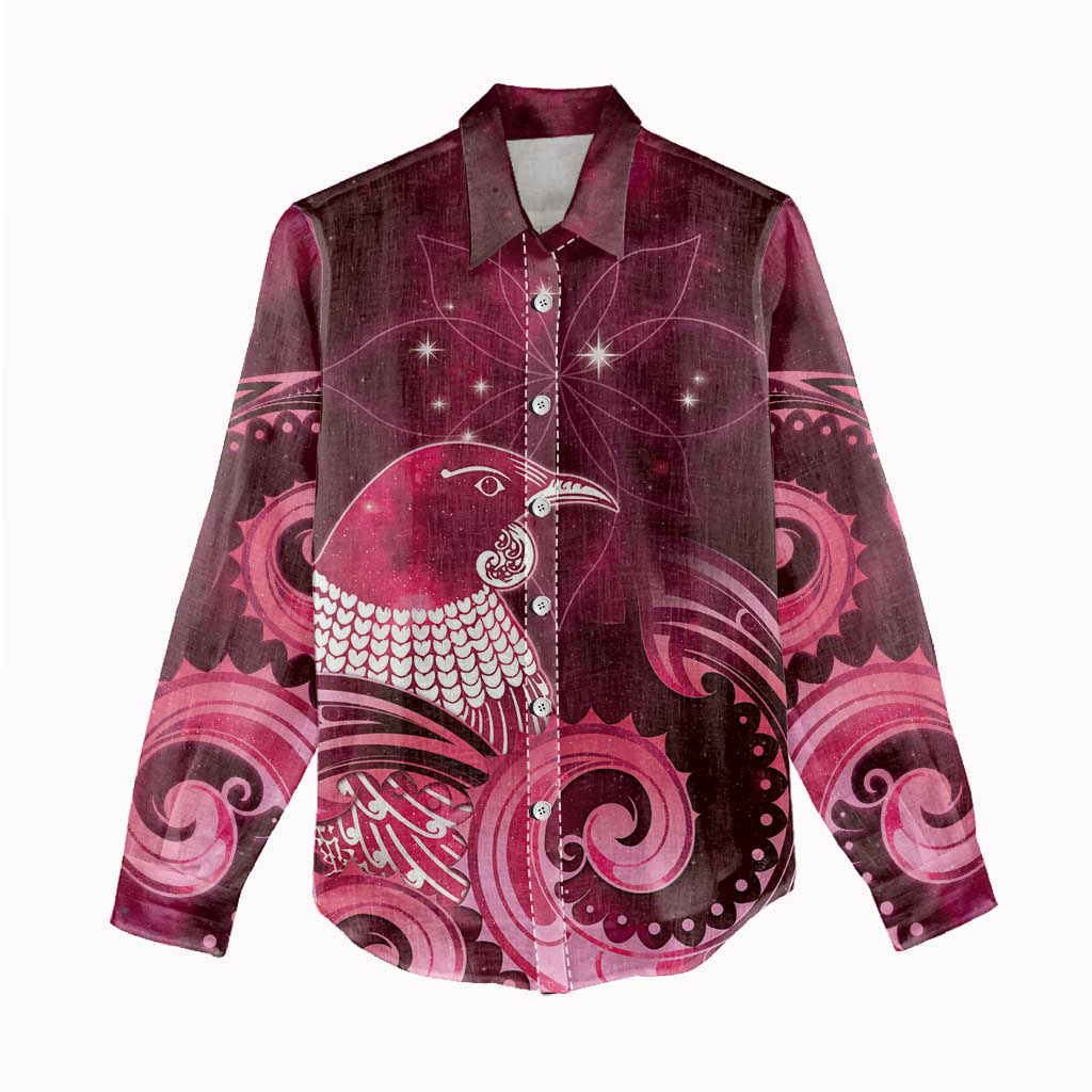 New Zealand Matariki Women Casual Shirt Maori Tui Bird Magenta Galaxy