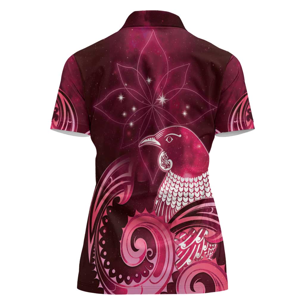New Zealand Matariki Women Polo Shirt Maori Tui Bird Magenta Galaxy