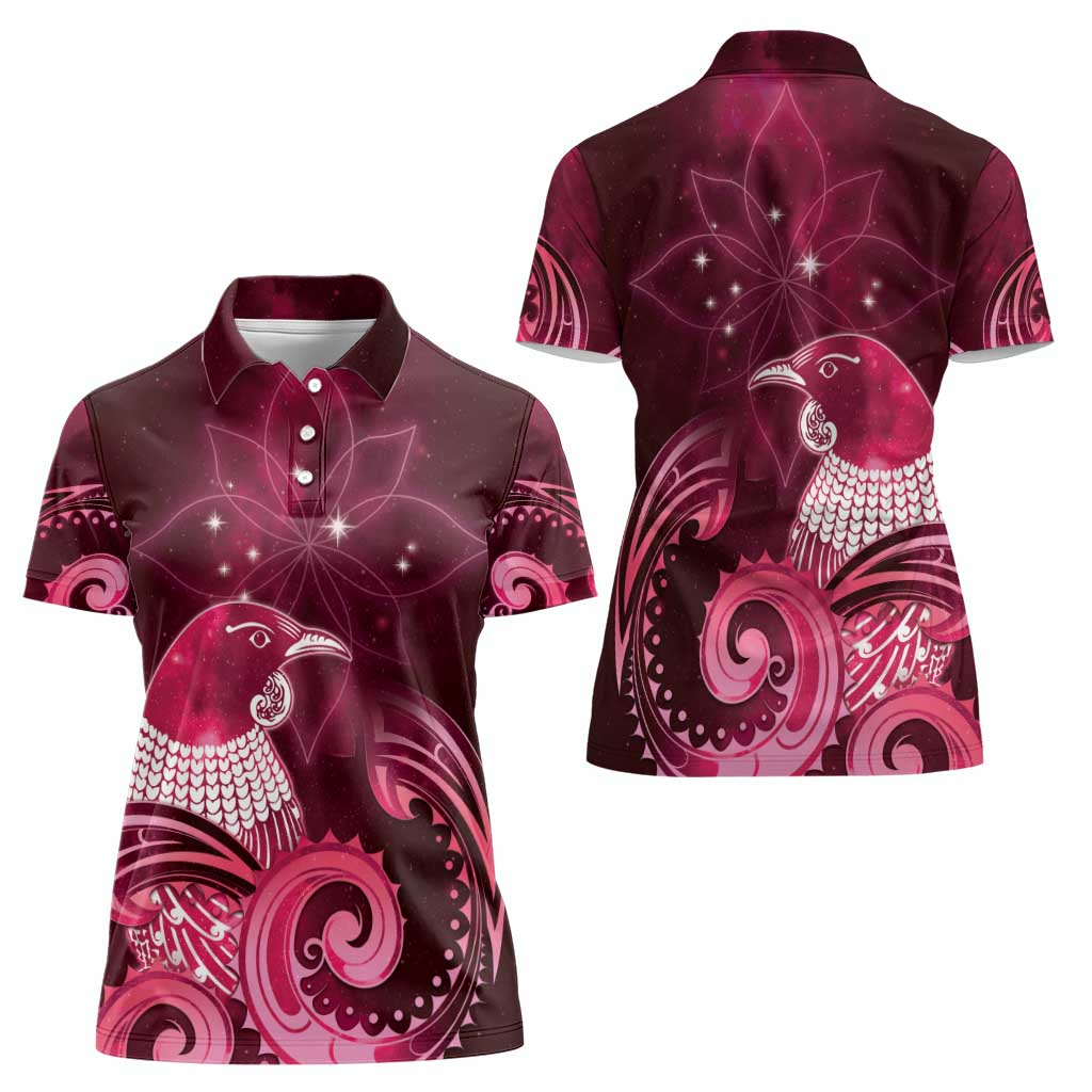 New Zealand Matariki Women Polo Shirt Maori Tui Bird Magenta Galaxy