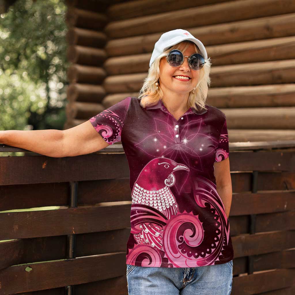 New Zealand Matariki Women Polo Shirt Maori Tui Bird Magenta Galaxy