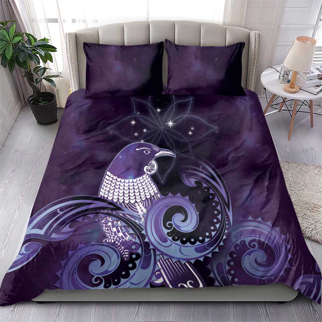 New Zealand Matariki Bedding Set Maori Tui Bird Purple Galaxy