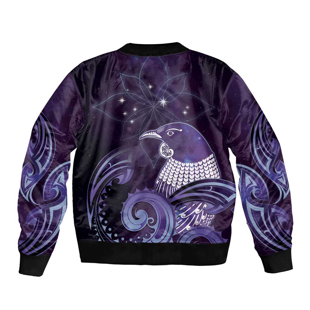 New Zealand Matariki Bomber Jacket Maori Tui Bird Purple Galaxy
