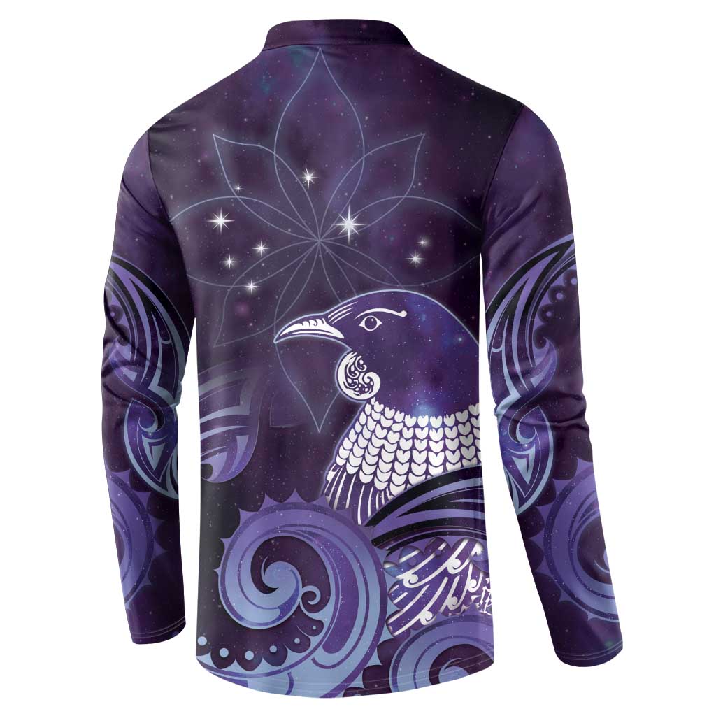 New Zealand Matariki Button Sweatshirt Maori Tui Bird Purple Galaxy
