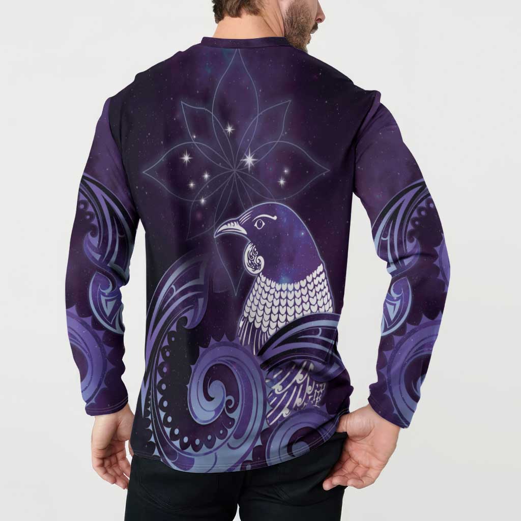 New Zealand Matariki Button Sweatshirt Maori Tui Bird Purple Galaxy