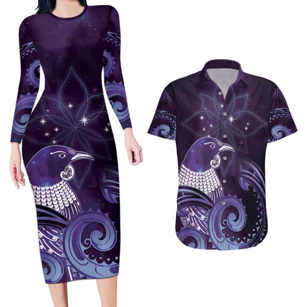 New Zealand Matariki Couples Matching Long Sleeve Bodycon Dress and Hawaiian Shirt Maori Tui Bird Purple Galaxy