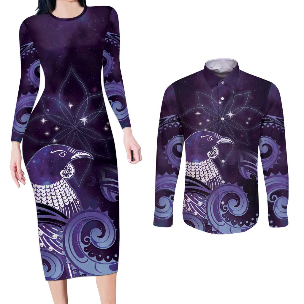 New Zealand Matariki Couples Matching Long Sleeve Bodycon Dress and Long Sleeve Button Shirt Maori Tui Bird Purple Galaxy