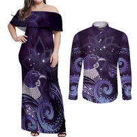 New Zealand Matariki Couples Matching Off Shoulder Maxi Dress and Long Sleeve Button Shirt Maori Tui Bird Purple Galaxy