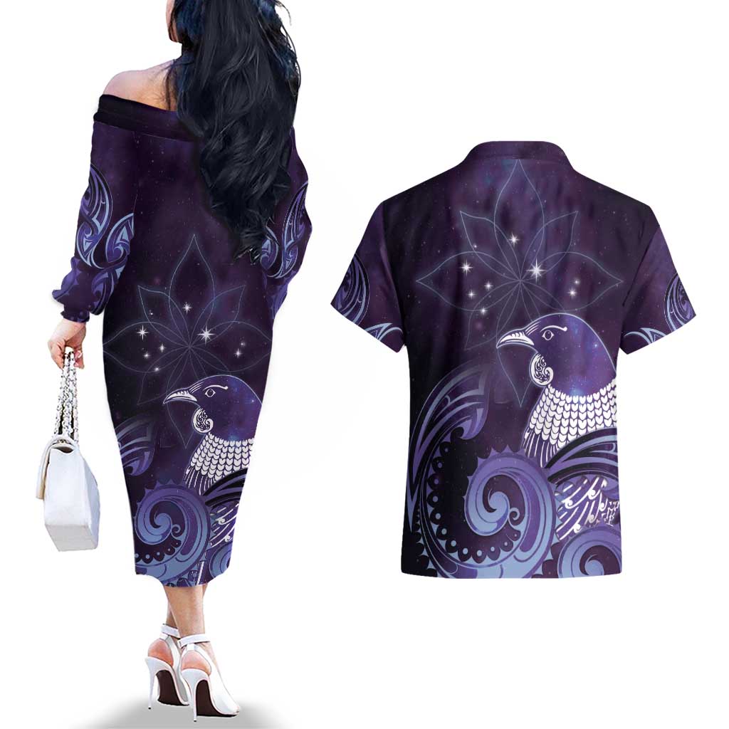 New Zealand Matariki Couples Matching Off The Shoulder Long Sleeve Dress and Hawaiian Shirt Maori Tui Bird Purple Galaxy