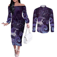 New Zealand Matariki Couples Matching Off The Shoulder Long Sleeve Dress and Long Sleeve Button Shirt Maori Tui Bird Purple Galaxy