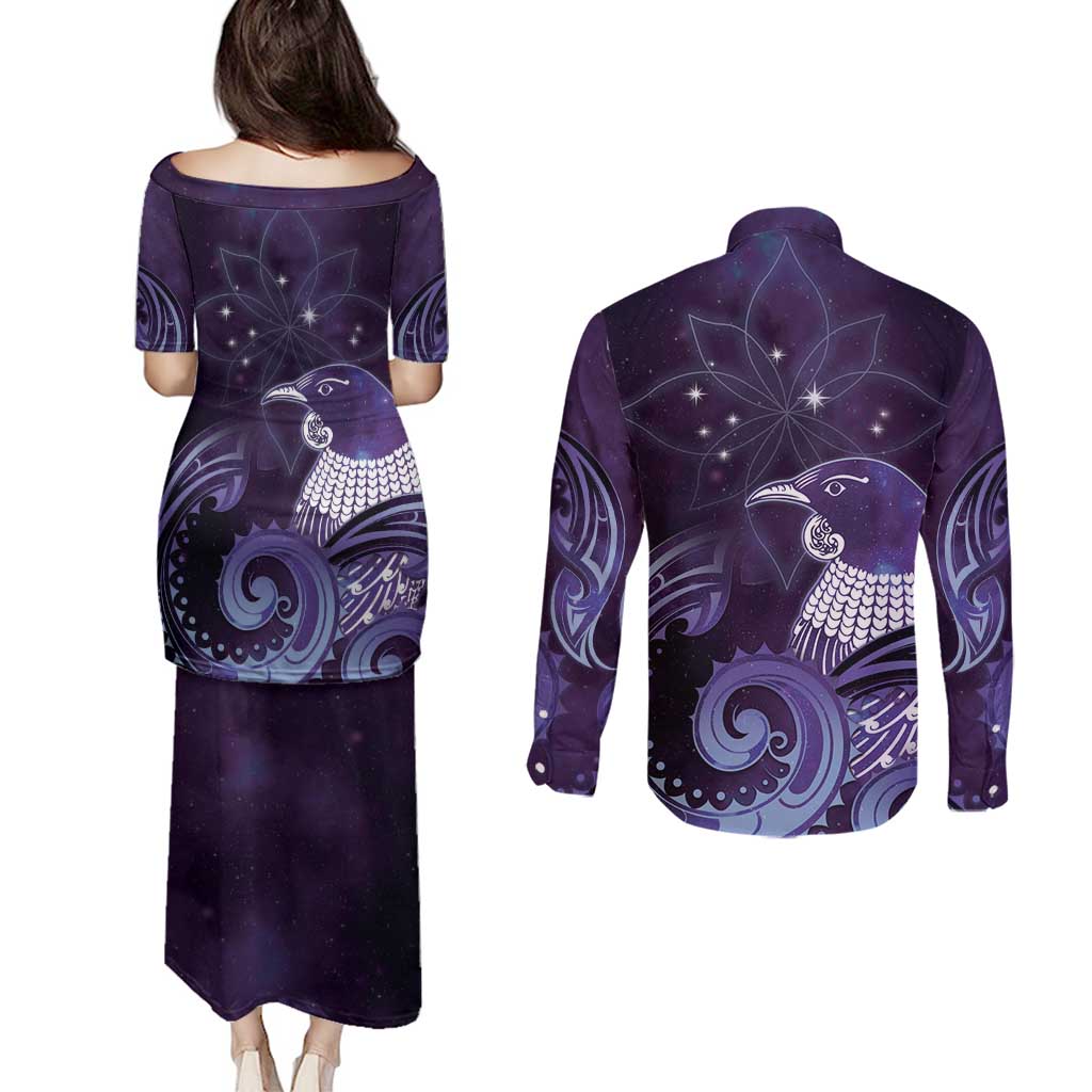 New Zealand Matariki Couples Matching Puletasi and Long Sleeve Button Shirt Maori Tui Bird Purple Galaxy
