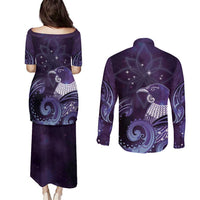 New Zealand Matariki Couples Matching Puletasi and Long Sleeve Button Shirt Maori Tui Bird Purple Galaxy