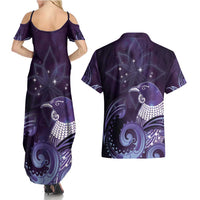 New Zealand Matariki Couples Matching Summer Maxi Dress and Hawaiian Shirt Maori Tui Bird Purple Galaxy