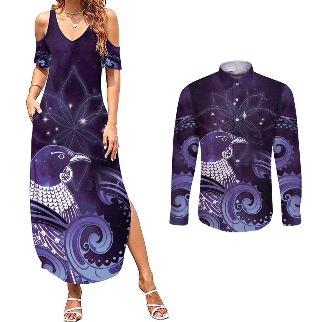 New Zealand Matariki Couples Matching Summer Maxi Dress and Long Sleeve Button Shirt Maori Tui Bird Purple Galaxy