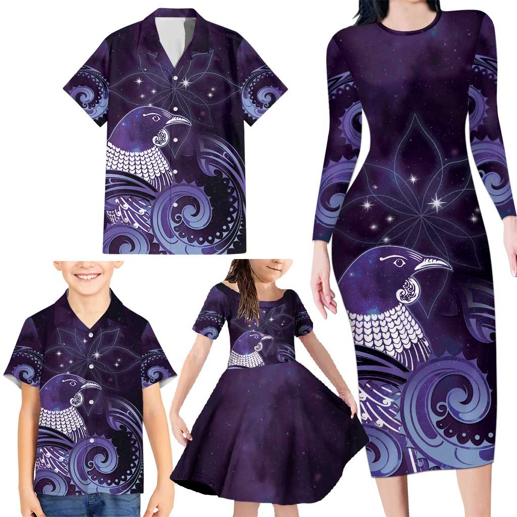 New Zealand Matariki Family Matching Long Sleeve Bodycon Dress and Hawaiian Shirt Maori Tui Bird Purple Galaxy