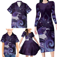 New Zealand Matariki Family Matching Long Sleeve Bodycon Dress and Hawaiian Shirt Maori Tui Bird Purple Galaxy