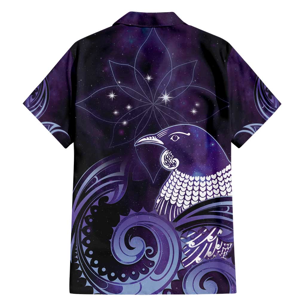 New Zealand Matariki Family Matching Long Sleeve Bodycon Dress and Hawaiian Shirt Maori Tui Bird Purple Galaxy