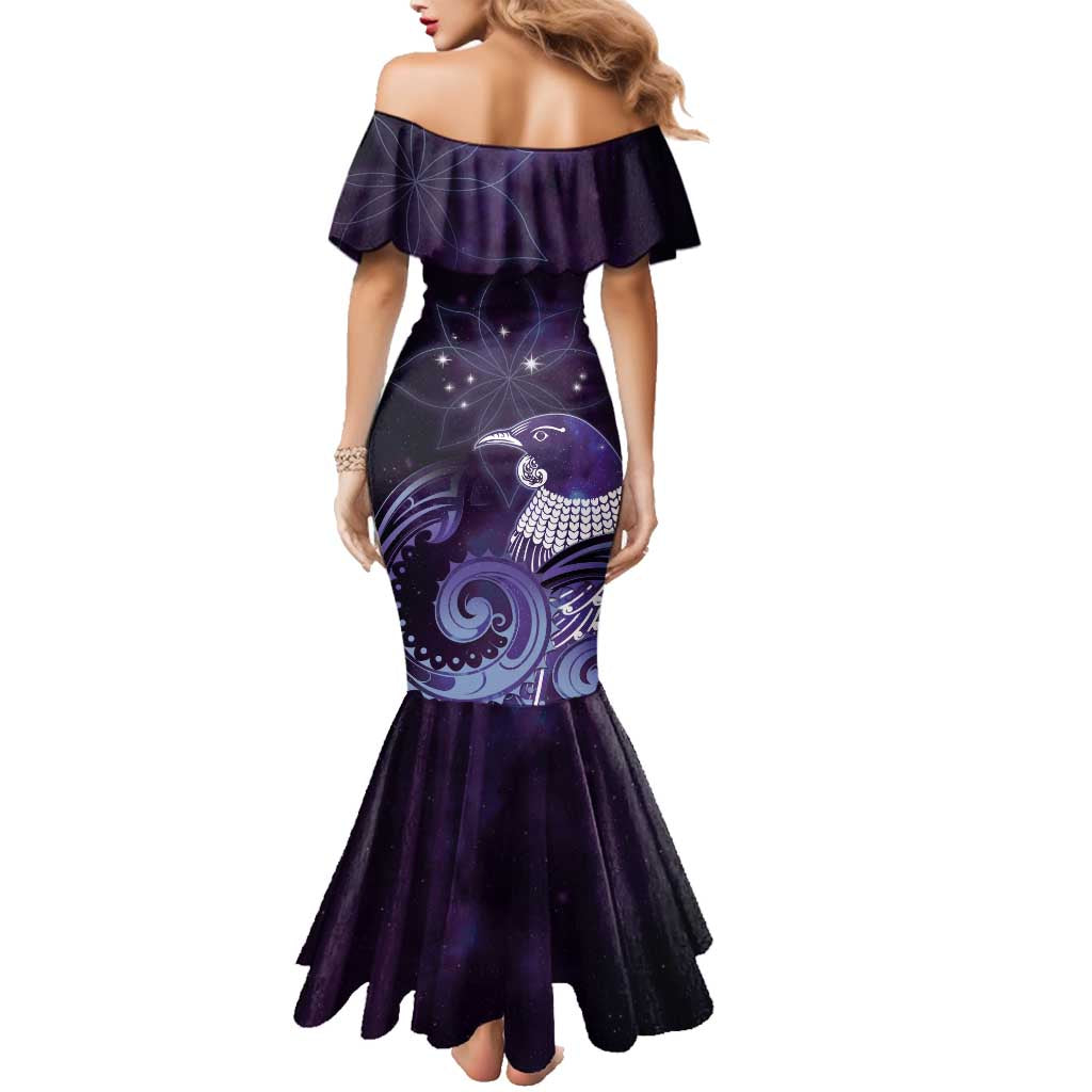 New Zealand Matariki Family Matching Mermaid Dress and Hawaiian Shirt Maori Tui Bird Purple Galaxy