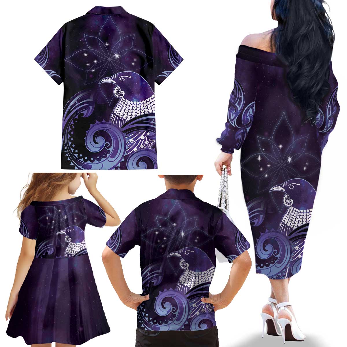 New Zealand Matariki Family Matching Off The Shoulder Long Sleeve Dress and Hawaiian Shirt Maori Tui Bird Purple Galaxy