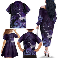 New Zealand Matariki Family Matching Off The Shoulder Long Sleeve Dress and Hawaiian Shirt Maori Tui Bird Purple Galaxy