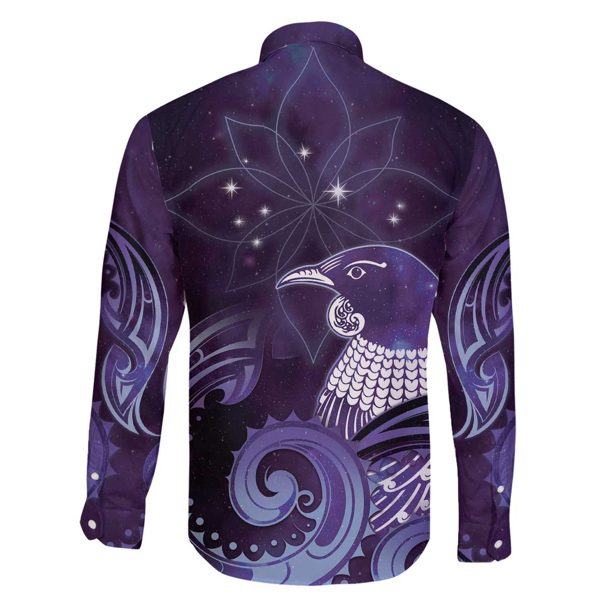 New Zealand Matariki Family Matching Off The Shoulder Long Sleeve Dress and Hawaiian Shirt Maori Tui Bird Purple Galaxy