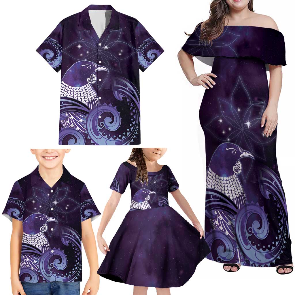 New Zealand Matariki Family Matching Off Shoulder Maxi Dress and Hawaiian Shirt Maori Tui Bird Purple Galaxy