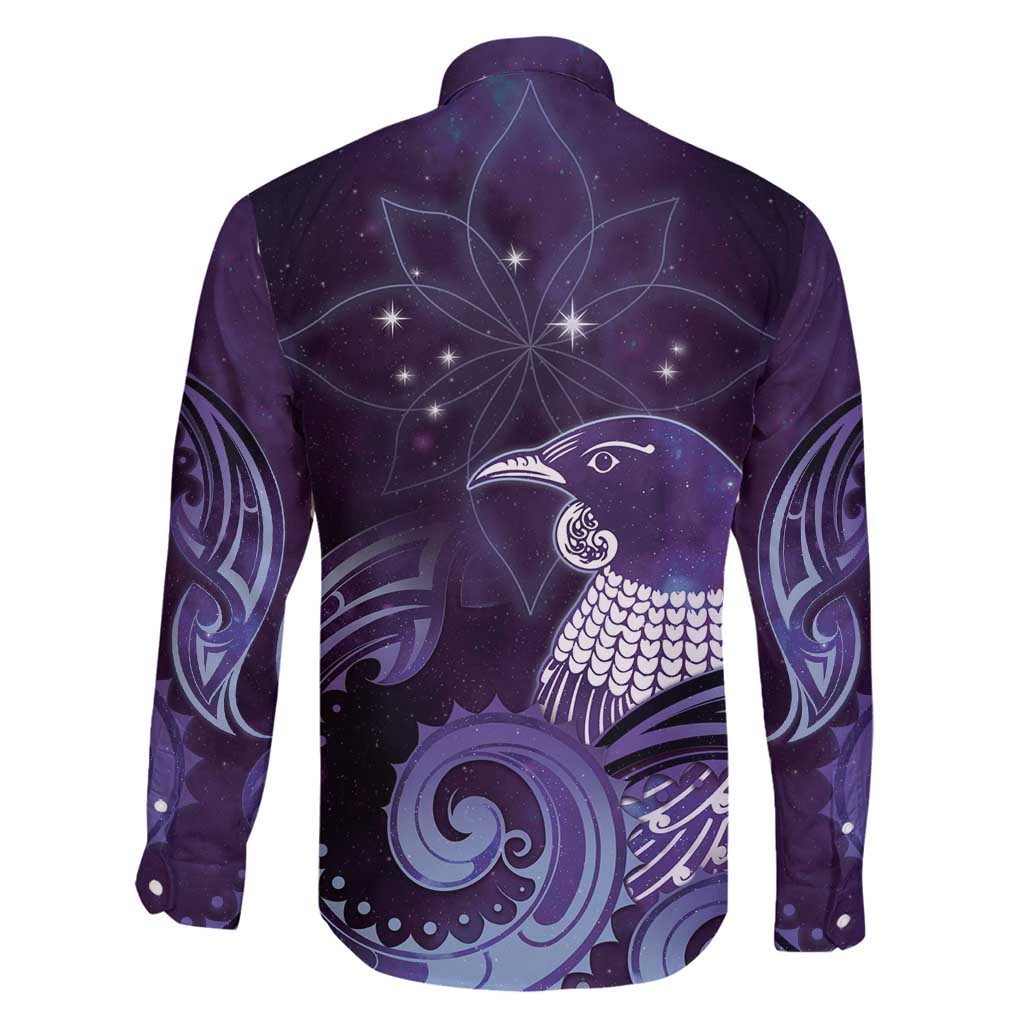 New Zealand Matariki Family Matching Off Shoulder Short Dress and Hawaiian Shirt Maori Tui Bird Purple Galaxy