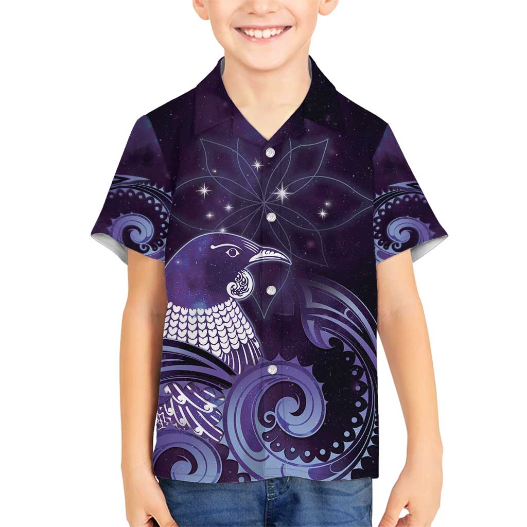 New Zealand Matariki Family Matching Off Shoulder Short Dress and Hawaiian Shirt Maori Tui Bird Purple Galaxy