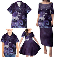 New Zealand Matariki Family Matching Puletasi and Hawaiian Shirt Maori Tui Bird Purple Galaxy