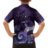 New Zealand Matariki Family Matching Short Sleeve Bodycon Dress and Hawaiian Shirt Maori Tui Bird Purple Galaxy