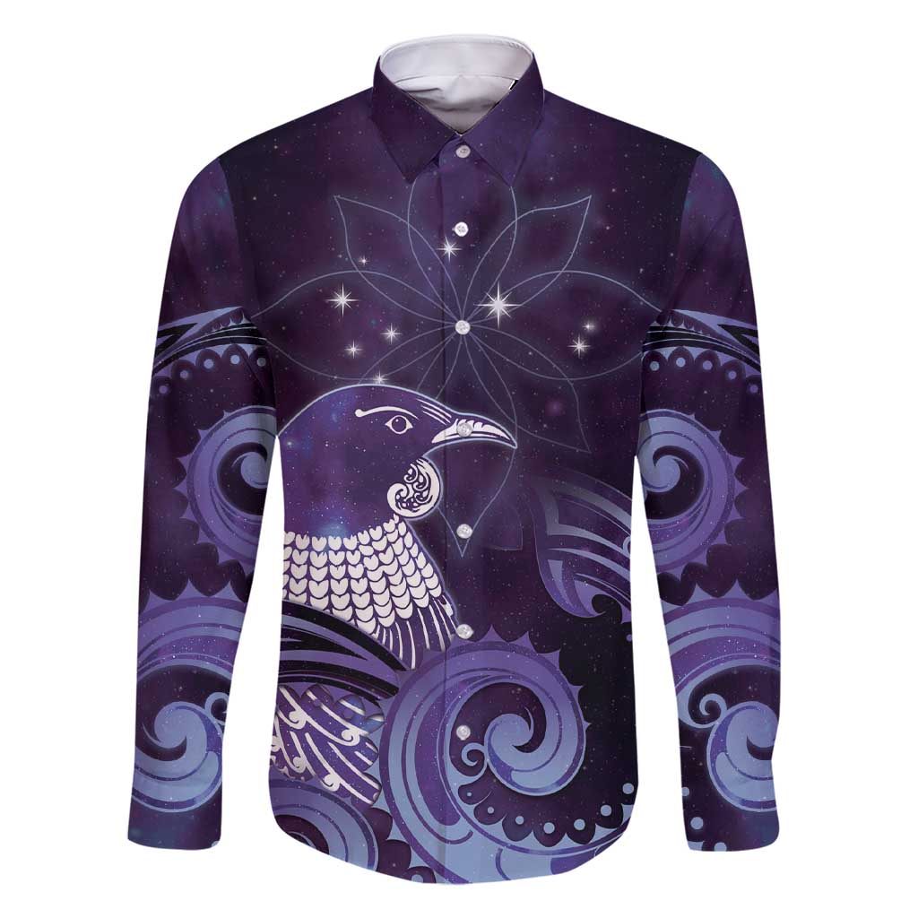 New Zealand Matariki Family Matching Short Sleeve Bodycon Dress and Hawaiian Shirt Maori Tui Bird Purple Galaxy