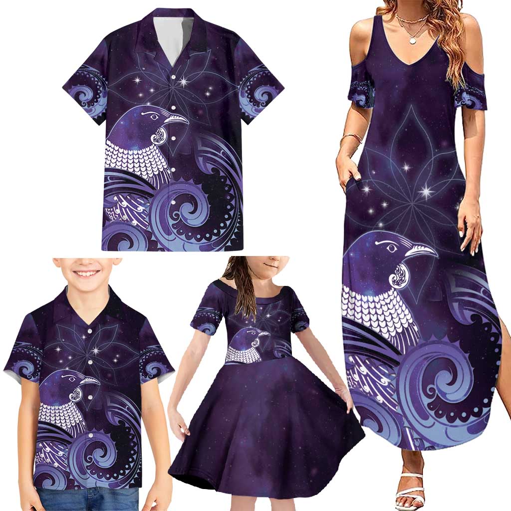 New Zealand Matariki Family Matching Summer Maxi Dress and Hawaiian Shirt Maori Tui Bird Purple Galaxy