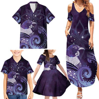 New Zealand Matariki Family Matching Summer Maxi Dress and Hawaiian Shirt Maori Tui Bird Purple Galaxy