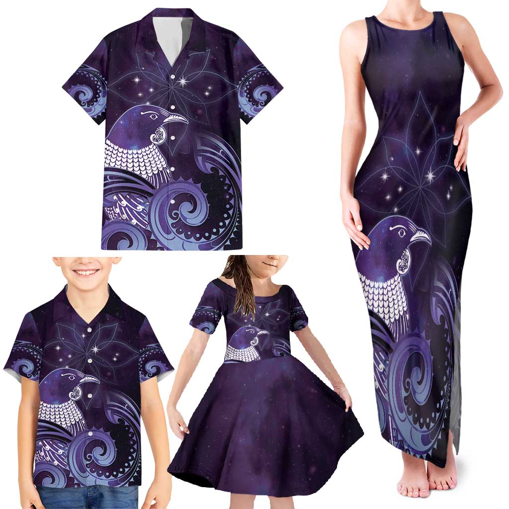 New Zealand Matariki Family Matching Tank Maxi Dress and Hawaiian Shirt Maori Tui Bird Purple Galaxy